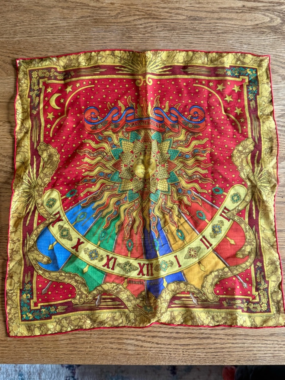 Hermes Sun & Zodiac Silk Handkerchief/Pocket Square - Red, Gold, Blue, Green